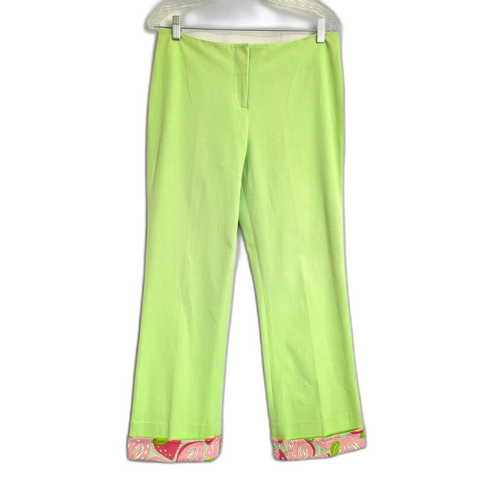 Lilly Pulitzer Stretch Pants 8 Neon Green Mid Rise Floral Cuff Length 35"-37"
